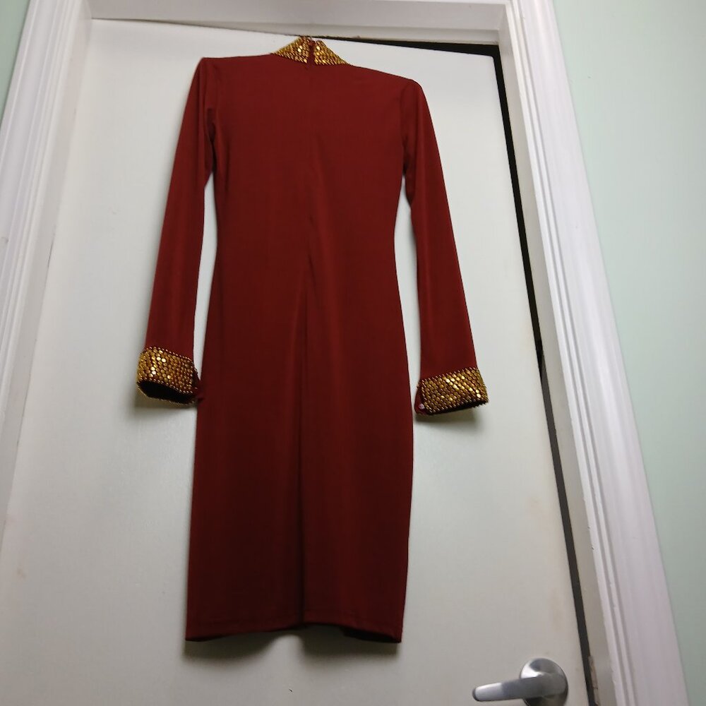 Elegant Burgundy Gold Studded High Neck Bodycon Midi Dress Sz M - Picture 6 of 14
